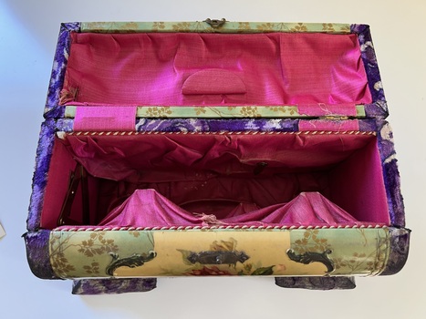 Upright, embossed celluloid, silk lined vanity dresser box