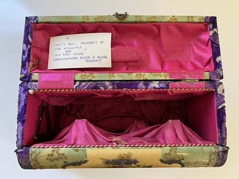 Upright, embossed celluloid, silk lined vanity dresser box