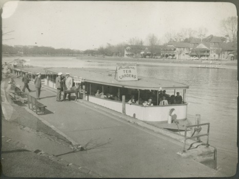 Hicks' Cruiser berthed on the Yarra at Princess Bridge