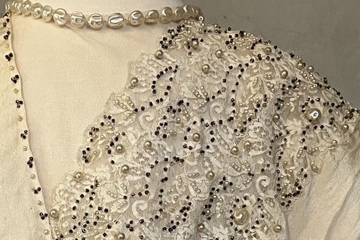 Detail - Ivory silk and lace wedding dress [bodice]