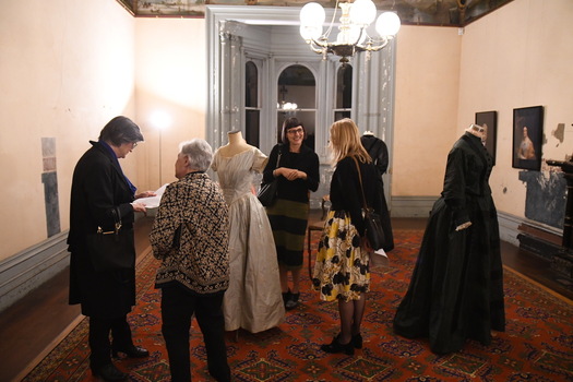 Exhibition - Fashion in the Age of Elegance 1840-1900. Costumes of Mary Ann Henty, nee Lawrence (1821-81). Dining Room, Villa Alba Museum, 2023. L-R Dr Elizabeth Rushen, Jenn Burgess, Laura Jocic, Deb Tout-Smith