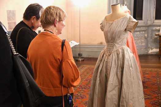 Exhibition - Fashion in the Age of Elegance 1840-1900. Costumes of Mary Ann Henty, nee Lawrence (1821-81). Dining Room, Villa Alba Museum, 2023. L-R Susan Barnett, Margaret Robinson