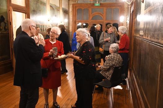 Exhibition - Fashion in the Age of Elegance 1840-1900. Vestibule. Invited guests at opening night. Villa Alba Museum, 2023