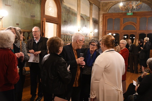 Exhibition - Fashion in the Age of Elegance 1840-1900. Vestibule. Invited guests at opening night. Villa Alba Museum, 2023