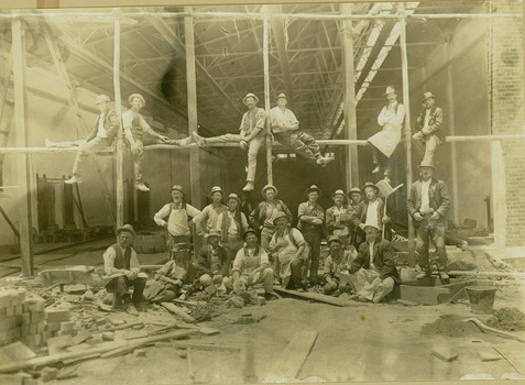 Hawthorn Tram Depot during construction - interior with workers
