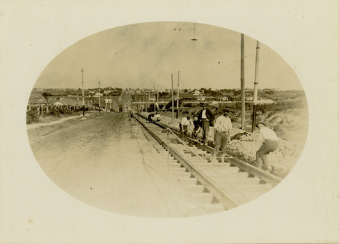 Construction of the electric tram line in Riversdale Road, Surrey Hills