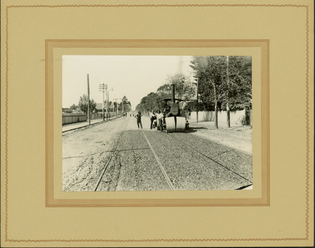 Electric tram line construction in Cotham Road, Kew