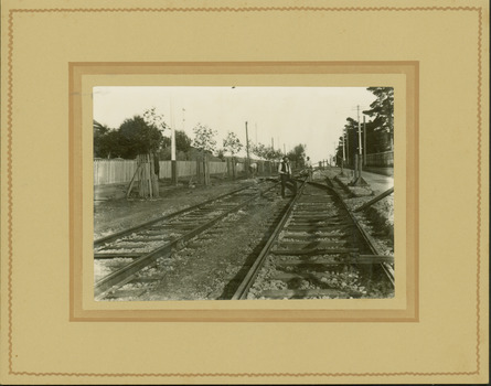 Electric tram line construction in Cotham Road, Kew