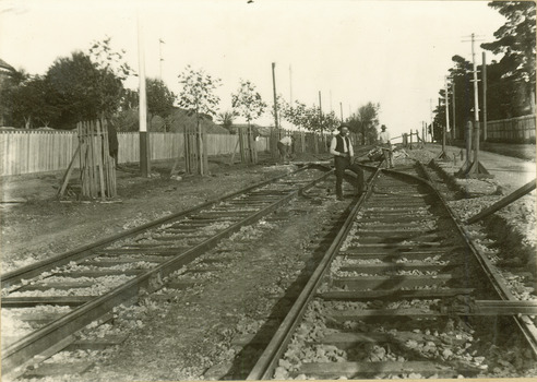 Electric tram line construction in Cotham Road, Kew