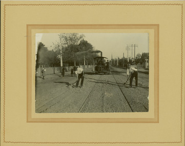 Electric tram line construction in Cotham Road, Kew