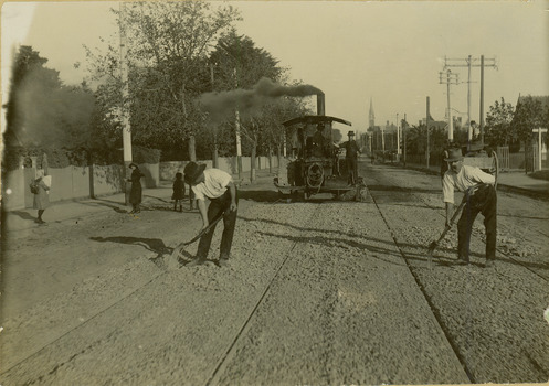 Electric tram line construction in Cotham Road, Kew