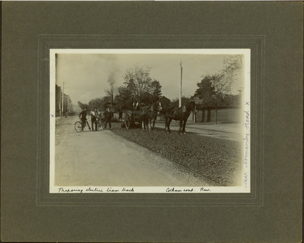 Electric tram line construction in Cotham Road, Kew