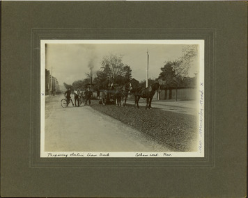 Electric tram line construction in Cotham Road, Kew