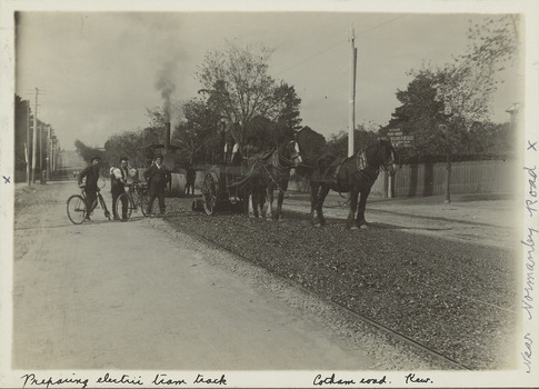 Electric tram line construction in Cotham Road, Kew