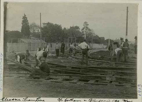 Electric tram line construction on the corner of Cotham & Glenferrie Roads, Kew