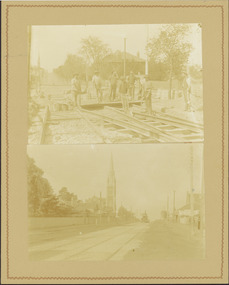Electric tram line construction in Cotham Road, Kew