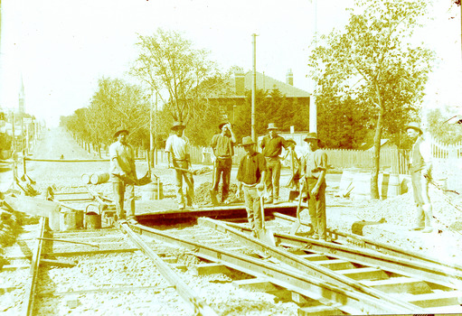 Electric tram line construction in Cotham Road, Kew