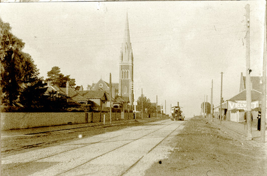 Electric tram line construction in Cotham Road, Kew