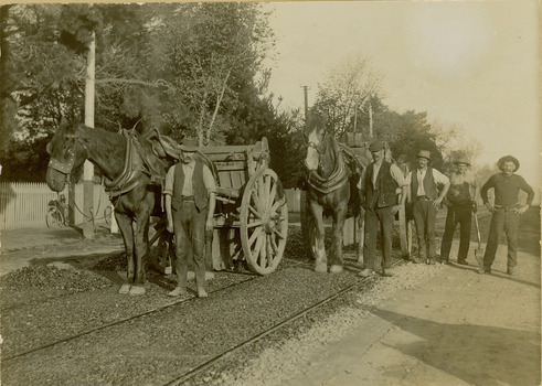 Electric tram line construction in Cotham Road, Kew