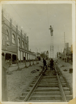 Construction of the electric tram line in Glenferrie Road, Glenferrie