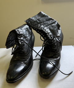 Clothing - Mid-calf length black leather women's boots, Pair of black leather laced boots, 1900-1920