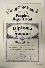 Certificate, Congregational Young People's Department Diploma of Honour, 1953