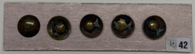 5 buttons on pink metallic card, 1950-1960
