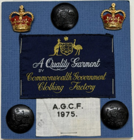 3 buttons. 2 crowns - 2 fabric patches on blue card, 1975