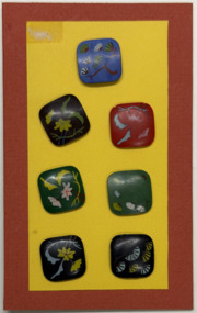 7 buttons on yellow card on tangerine card, 1930s