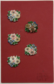 5 buttons on red card, 1930s