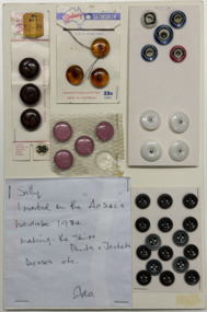 Various original cards of buttons mounted on cream card, 1980s