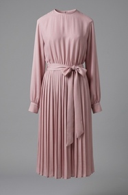 Pink Crepe Pleated Midi Dress with Waist Sash, Prue Acton, 1970s