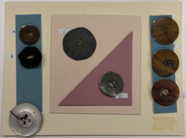 7 buttons on pink, blue and cream cards
