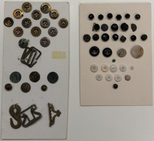 31 glass buttons + 2 beads on cream card  20 buttons + 5 buckles on grey card