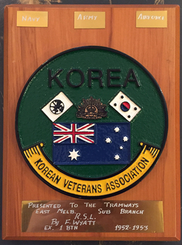 Presented to the Tramways/East Melb. RSL Sub Branch, By F.WYATT Ex. 1 BTN. 1952-1953
