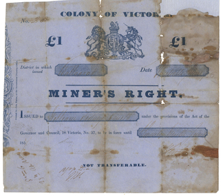 Document - License, Colony of Victoria, Miner's Right issued at Ballarat, 1856, 1856