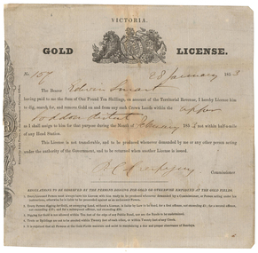 Document - Gold License, Gold License issued to Edwin Smart, 28/01/1853