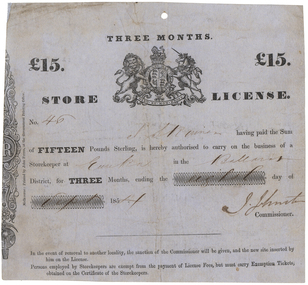 Document - Store License, John Ferres, Victorian Government Printer, Store License Issue to J.S. Rainer, Storekeeper at Eureka, 1854, 09/1854