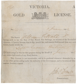 Document - Gold License, Gold License Issued to William Fittall in the Upper Loddon District, 1851, 10/1851