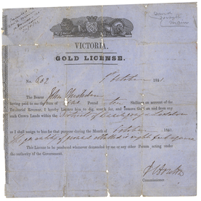 Document - Gold License, Gold License made out to John Chisholm, 1851, 1851