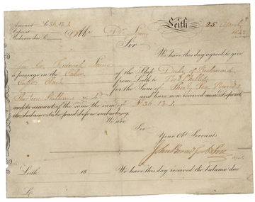 Document - Passenger Ticket, Passenger Ticket for Travel on the Duke of Richmond, 25/04/1842