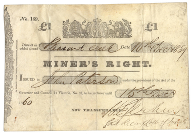Document - Miner's Right, Miner's RIght Issued to John Paterson at Pleasant Creek No 169, 16/12/1859