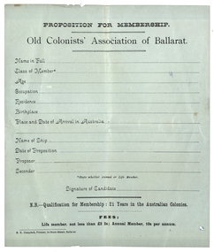 Document, E.E. Campbell, Proposition for Membership to the Old Colonists' Association of Ballarat, c1990