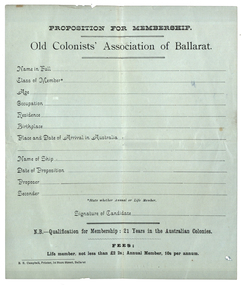 Document, E.E. Campbell, Proposition for Membership to the Old Colonists' Association of Ballarat, c1990