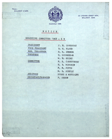 Document, Old Colonists' Club Ballarat Executive Committee 1968-69, 1968