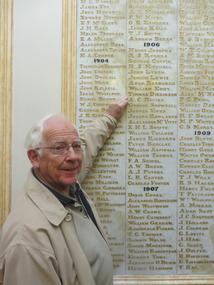 Photograph - Colour, Thomas Dickinson points out his Great Grandfather at the Ballarat Old Colonists' Hall, 2018, 27/05/2018