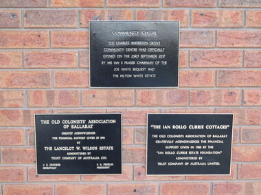 Photograph - Photograph - Colour, Plaques on the Community Centre at the Old Colonist's Association Retirement Village, Charles Anderson Grove, 2019, 22/09/2019