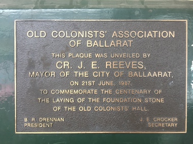 Photograph - Colour, Centenial Plaque on the outside of the Old Colonists' Hall, Lydiard Street North, Ballarat, 21/06/1987