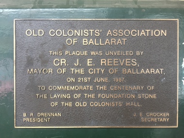 Photograph - Photograph - Colour, Centenial Plaque on the outside of the Old Colonists' Hall, Lydiard Street North, Ballarat, 21/06/1987