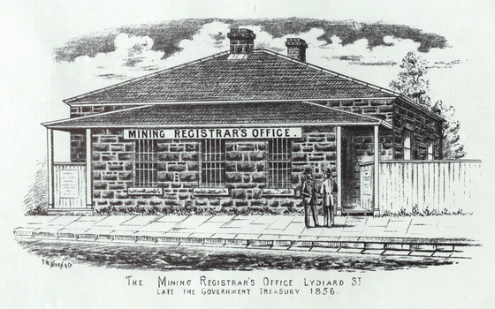Drawing of a bluestone building